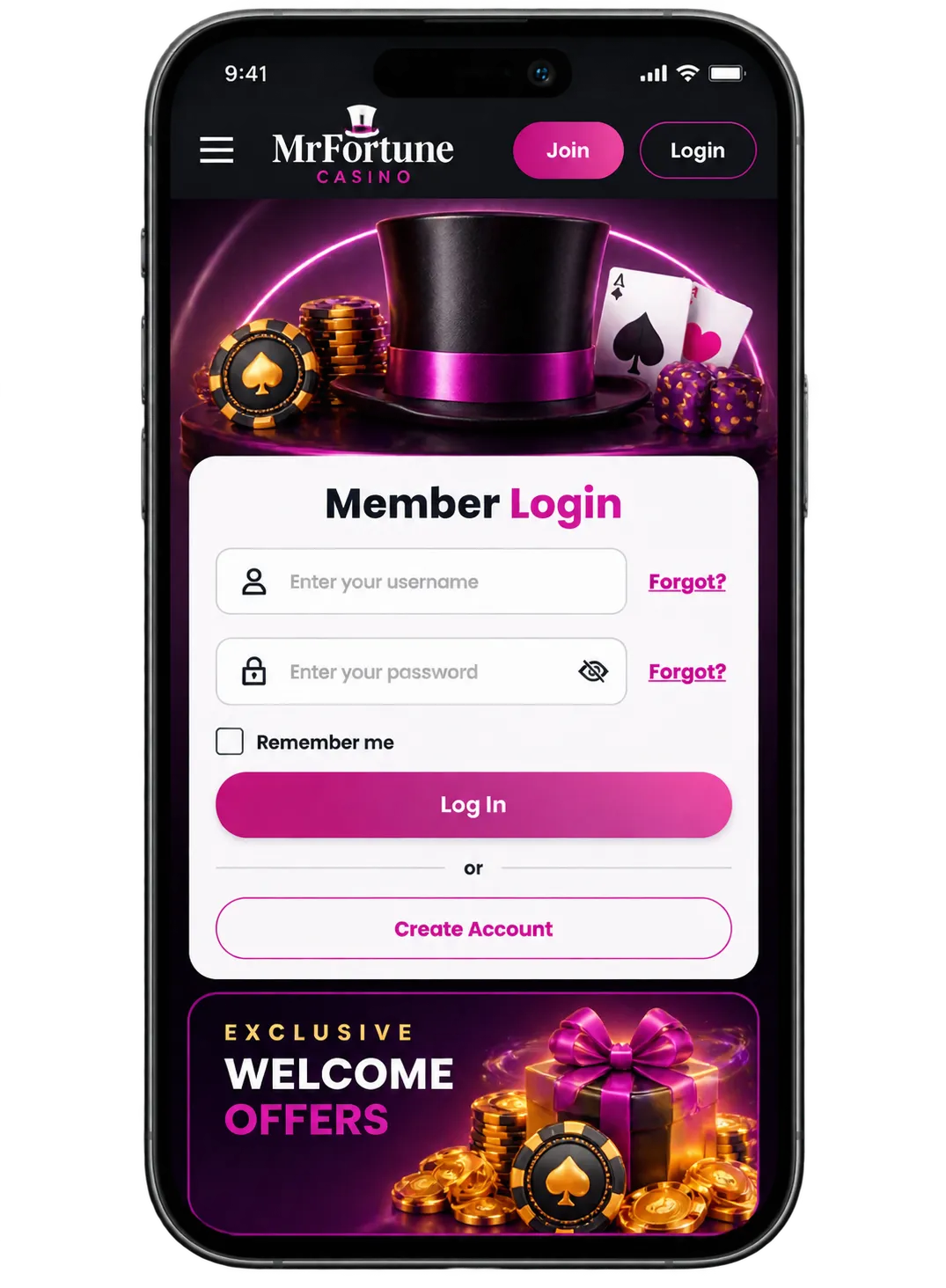 Our Mr Fortune Casino member login screen artwork