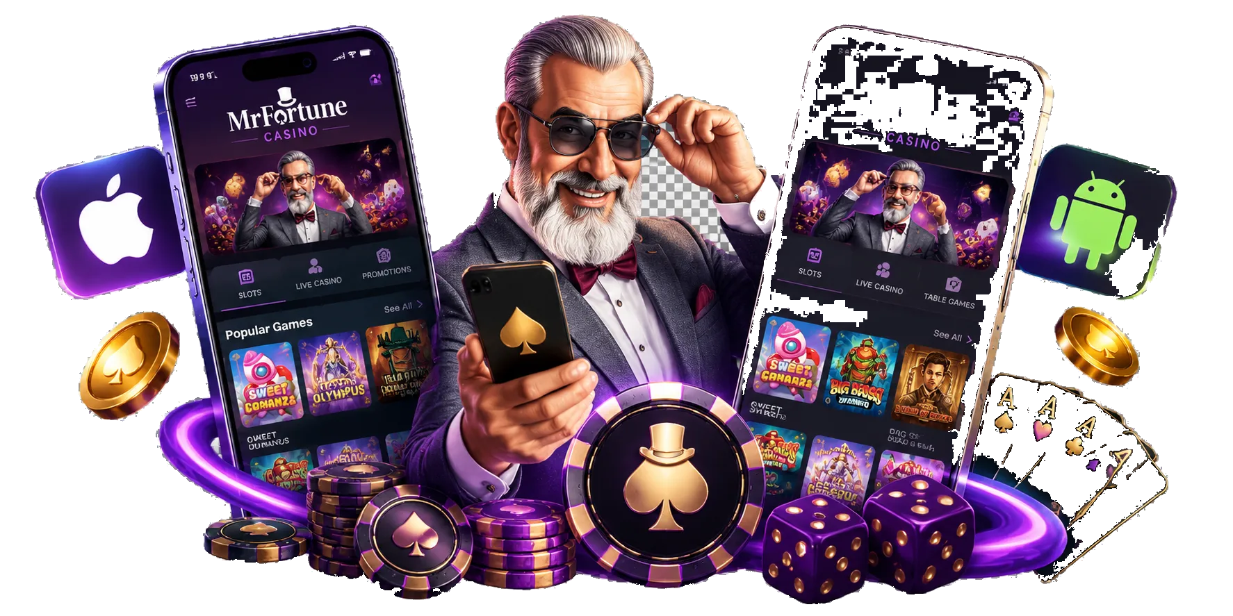Our Mr Fortune Casino mobile app artwork with Android and iOS devices